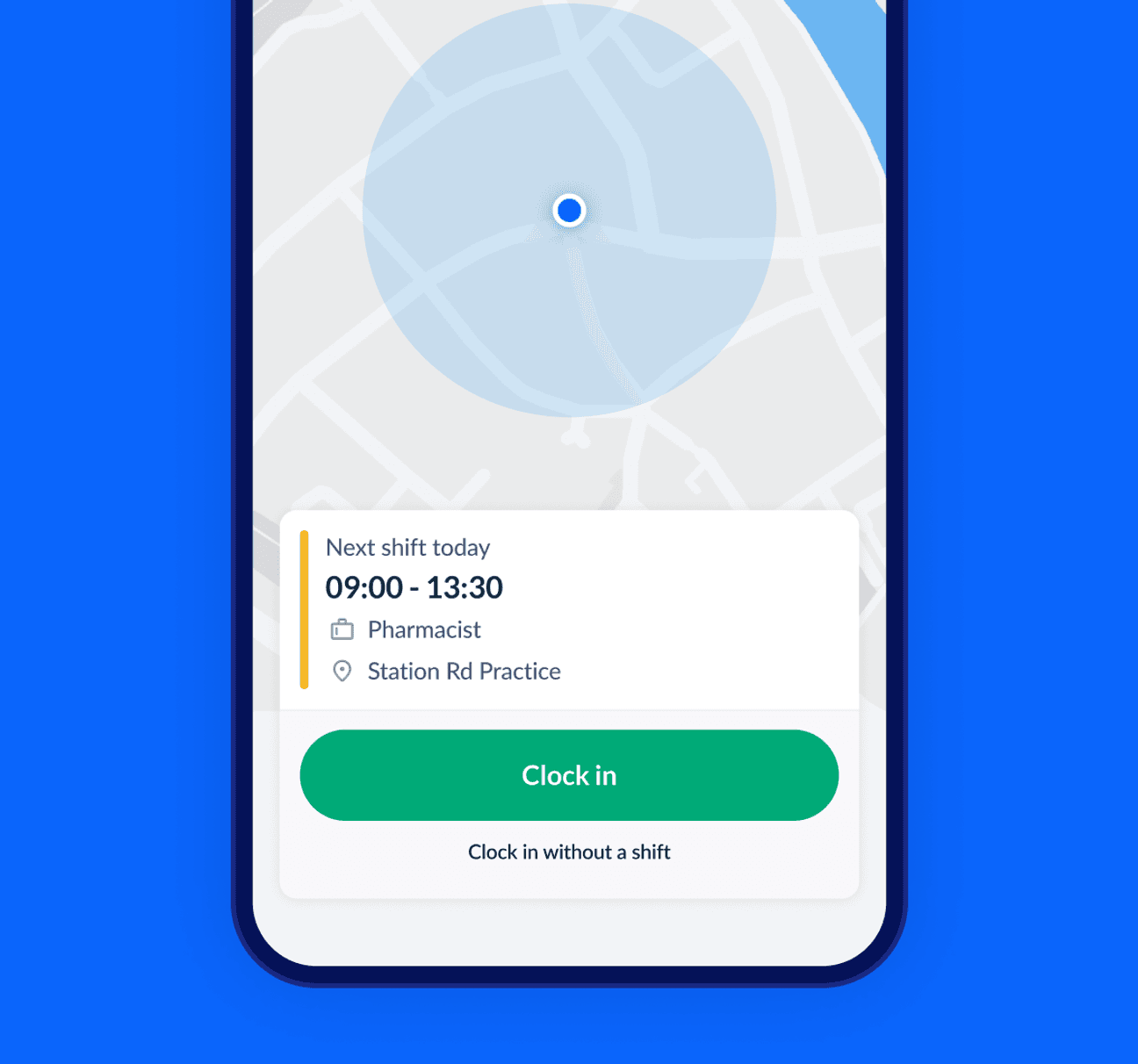 A street map on smartphone with location dot behind shift details and blue ‘Clock in’ button.