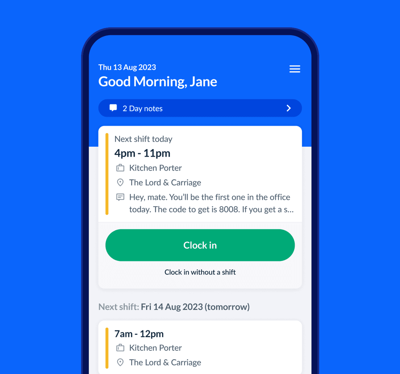 A shift clock-in prompt on a smartphone screen with green ‘Clock in’ button.