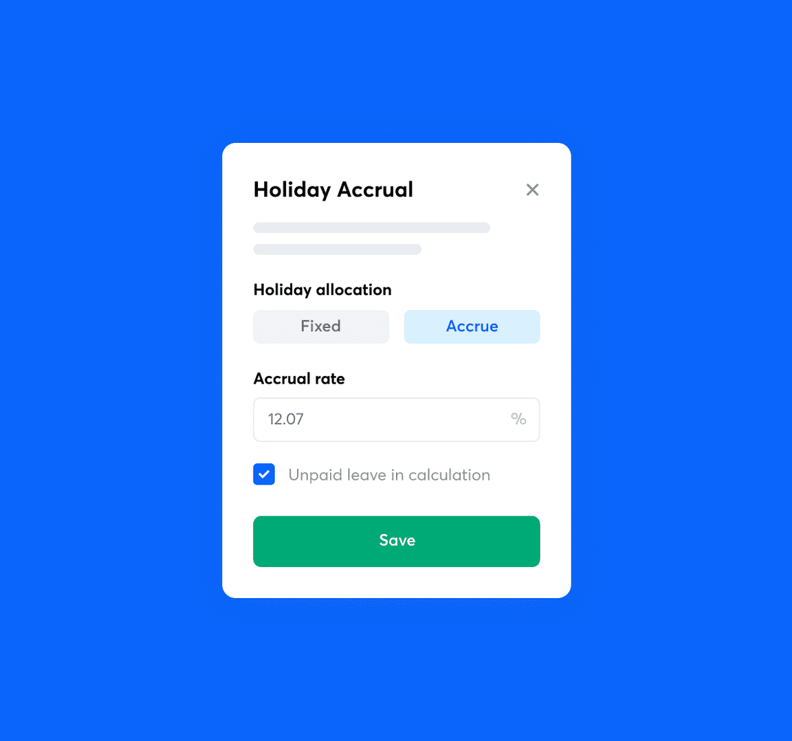 Setting holiday accrual rate in RotaCloud with field to input accrual rate as a percentage.