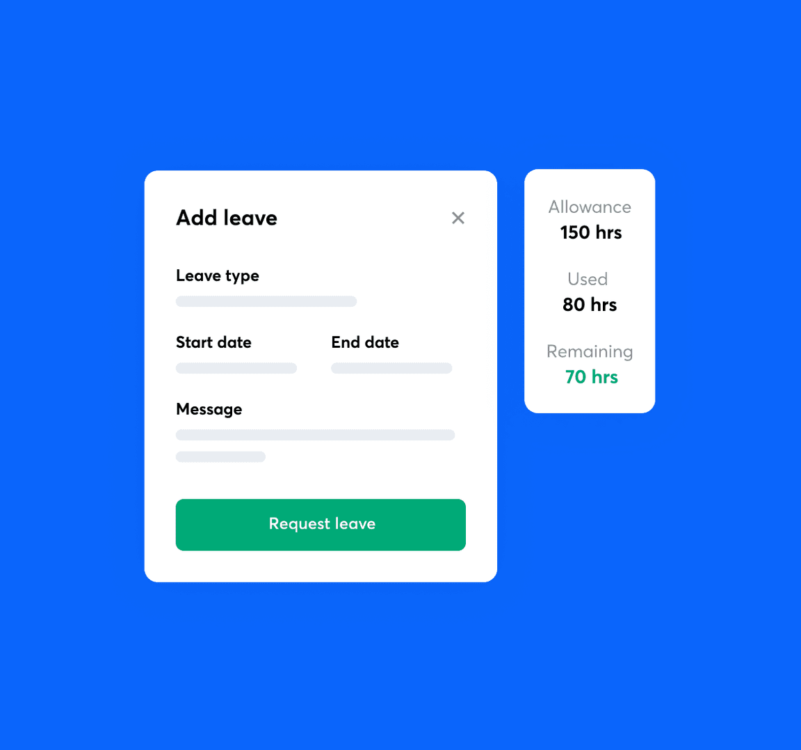 Manually adding a leave record in RotaCloud including leave type, start and end date, and optional message.