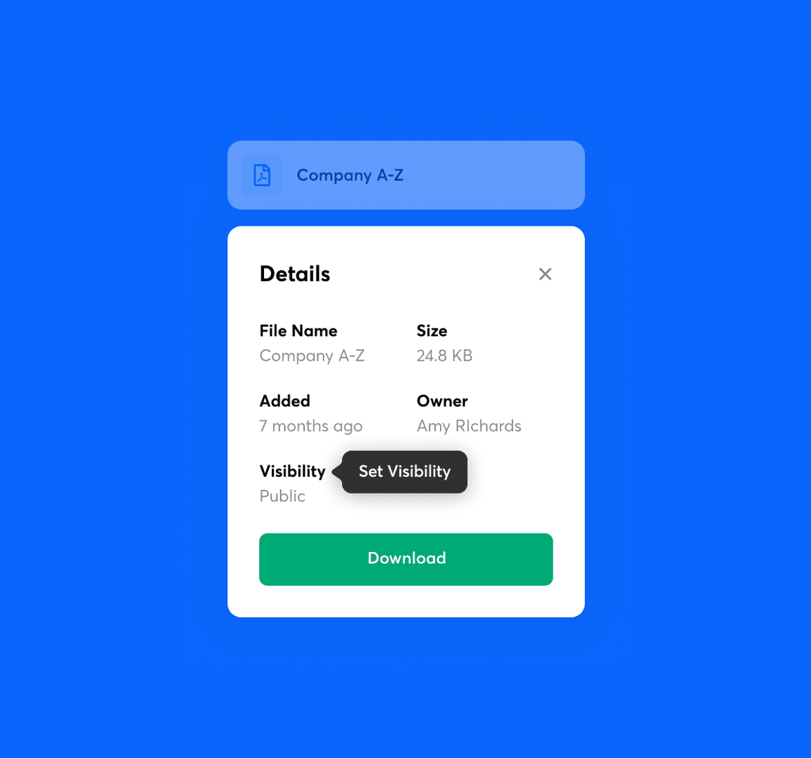 Document storage screen showing details of stored doc: file name, size, owner, date added.
