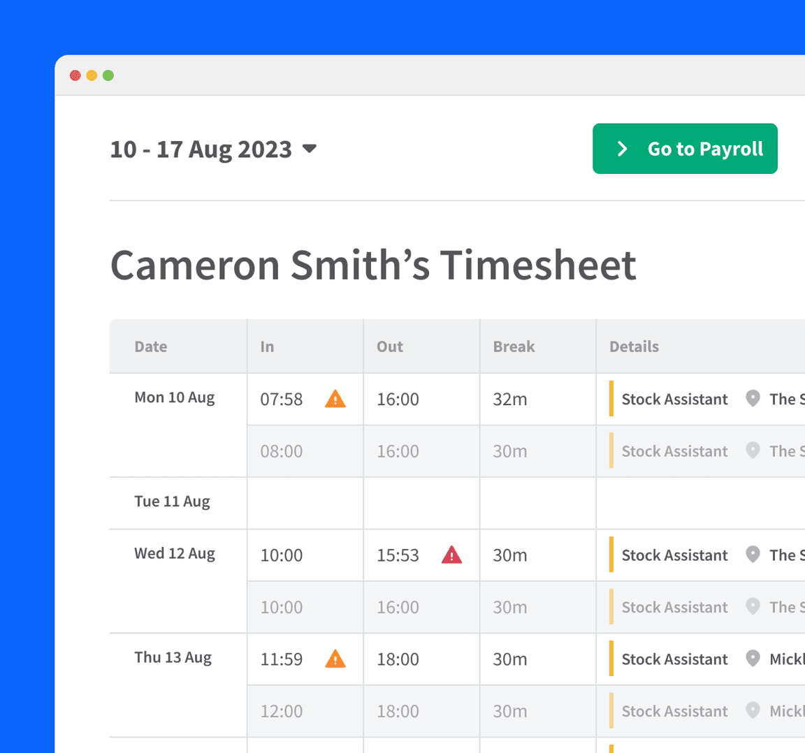An employee timesheet with 3 days' clocking in and out times and red warning symbols showing lateness, and orange warnings showing small discrepancies between actual and scheduled hours.
