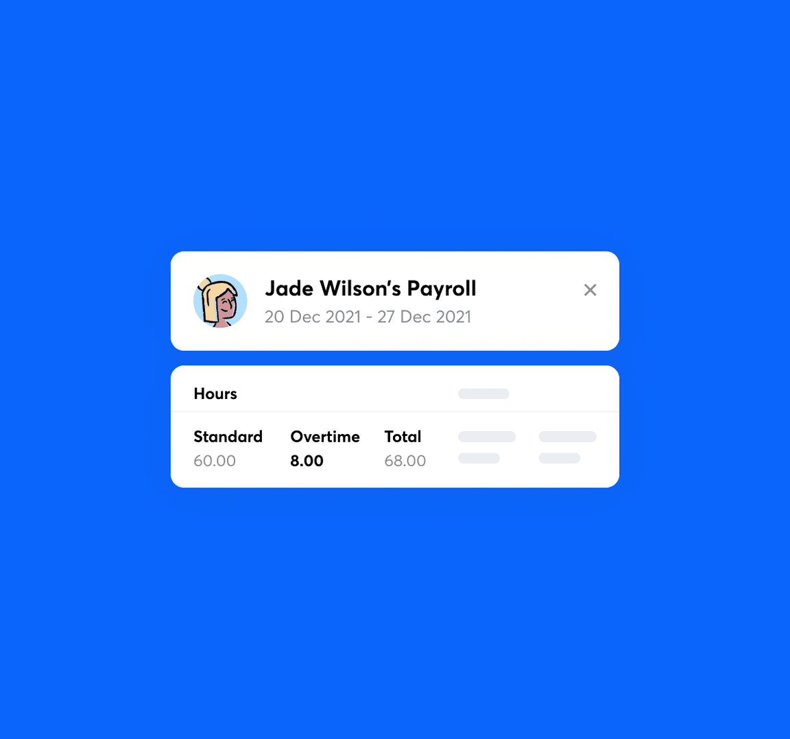 An employee's payroll record in RotaCloud with standard hours, overtime, and total.