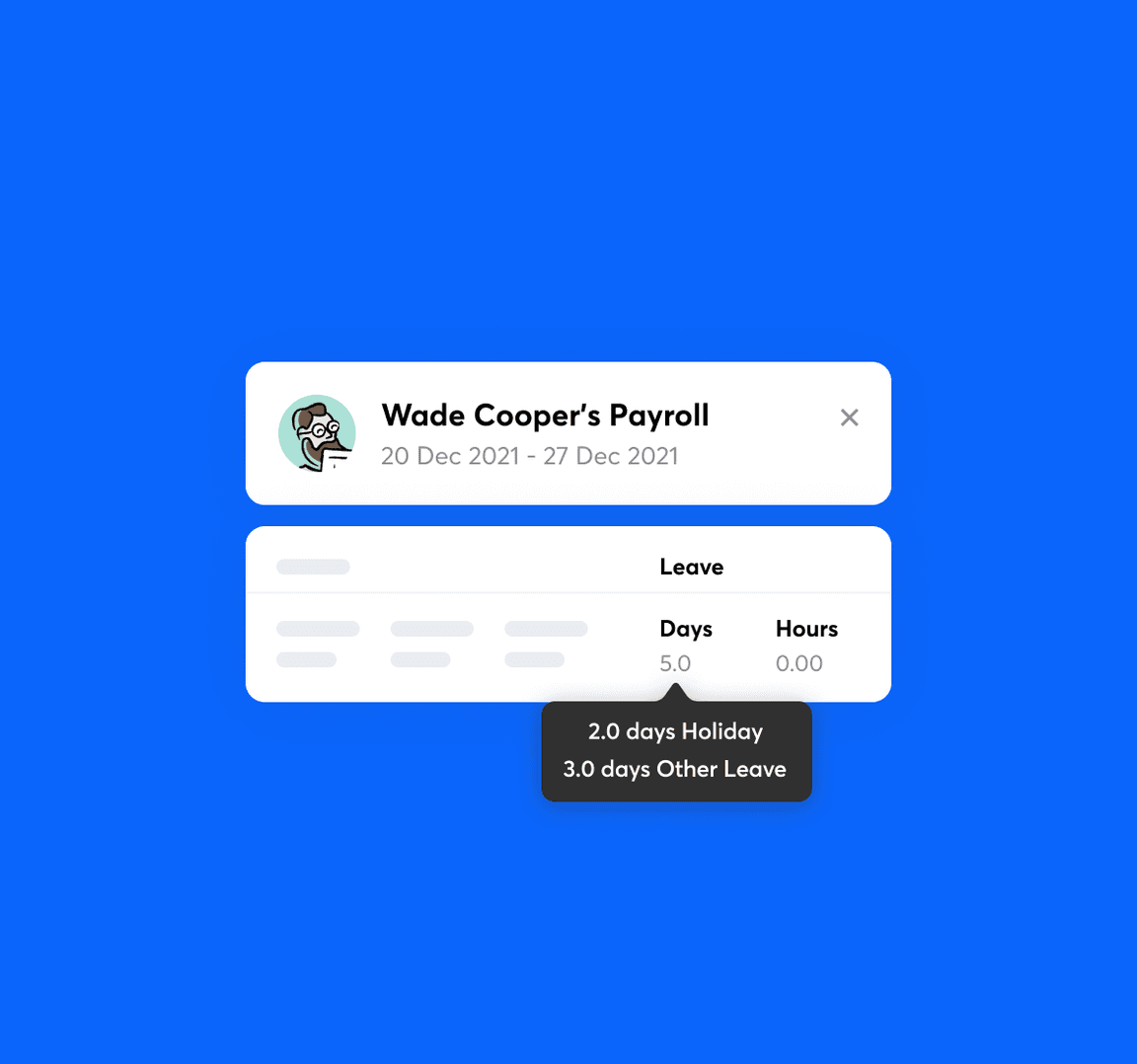 An employee payroll record with breakdown of leave taken by holiday and other leave.