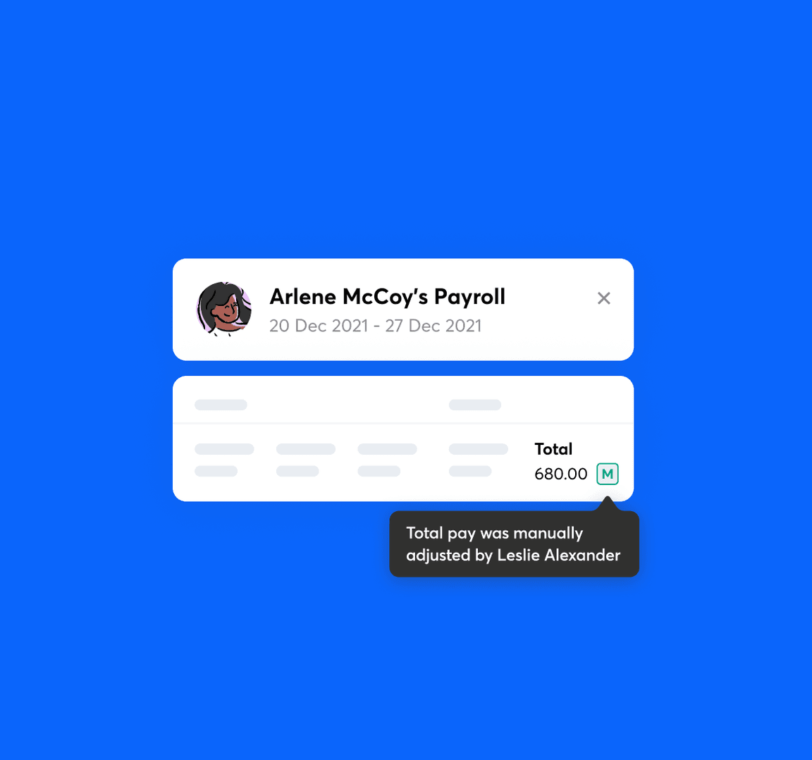 An employee payroll record with icon showing that total pay was adjusted by Leslie Alexander.