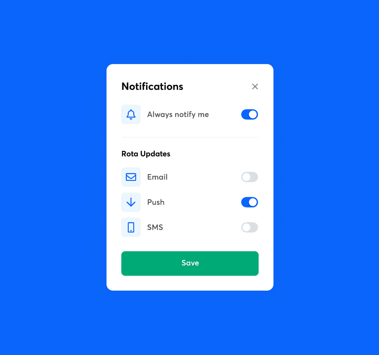 Notifications setting screen in RotaCloud with toggles for email, push, and SMS, with blue Save button.