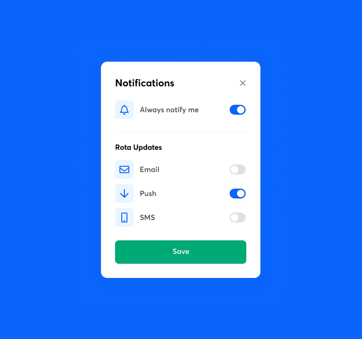 Notifications setting screen in RotaCloud with toggles for email, push, and SMS, with blue Save button.