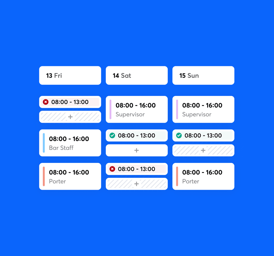 rota in RotaCloud showing bar staff and supervisor shifts across three days