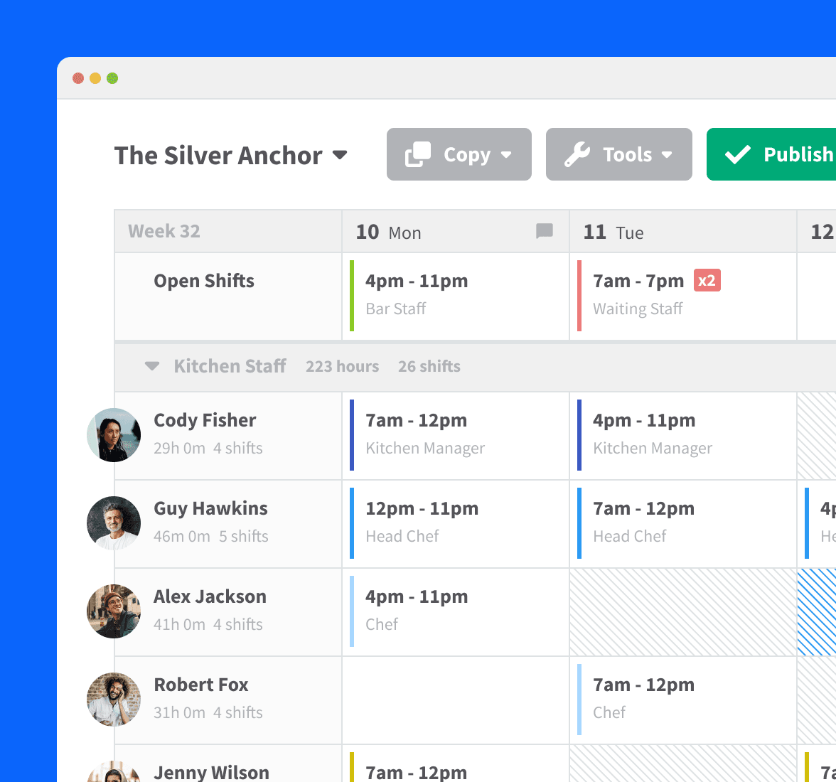 Rota screen in RotaCloud showing calendar containing shifts, employee names and a row of open shifts available to claim.