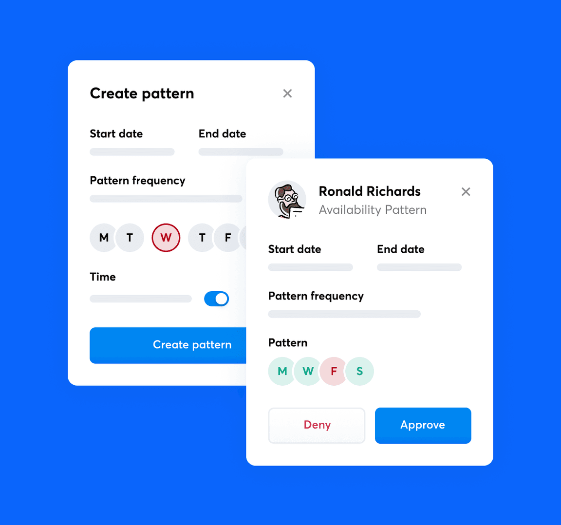 Staff availability screen in RotaCloud with start and end dates, and pattern frequency.