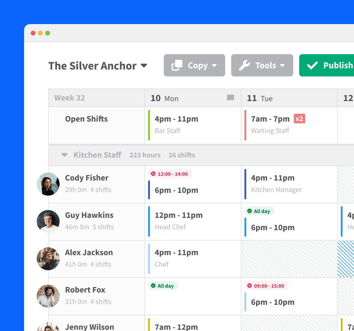 A rota in RotaCloud showing various shifts and staff availability, with days and times employees are available in green and days and times staff are unavailable in red.