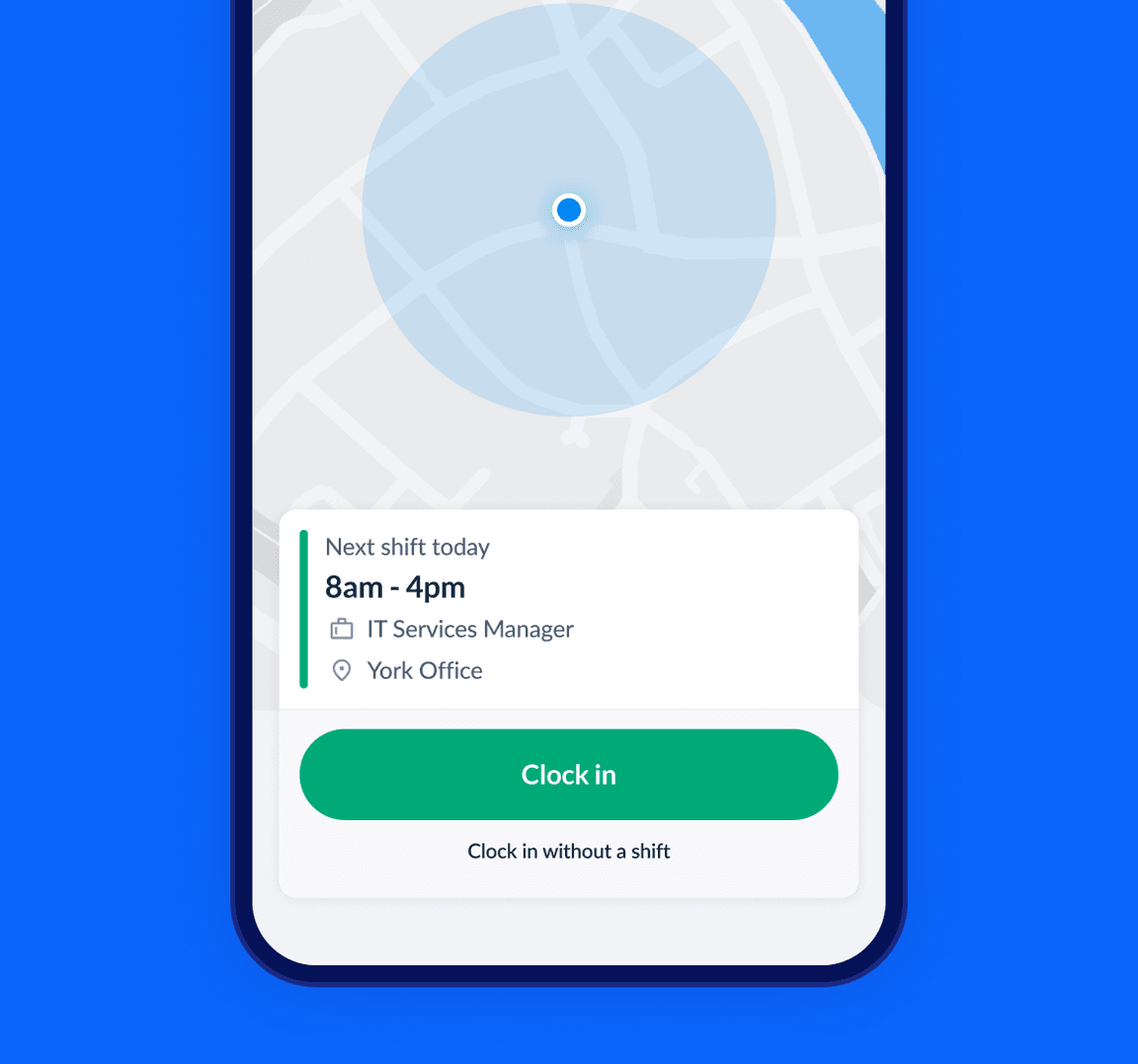 A street map on
smartphone with location dot behind shift details and blue
