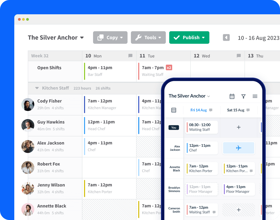 Rota screen in RotaCloud showing calendar containing shifts, employee names and a row of open shifts available to claim overlaid with the mobile app showing the same screen.