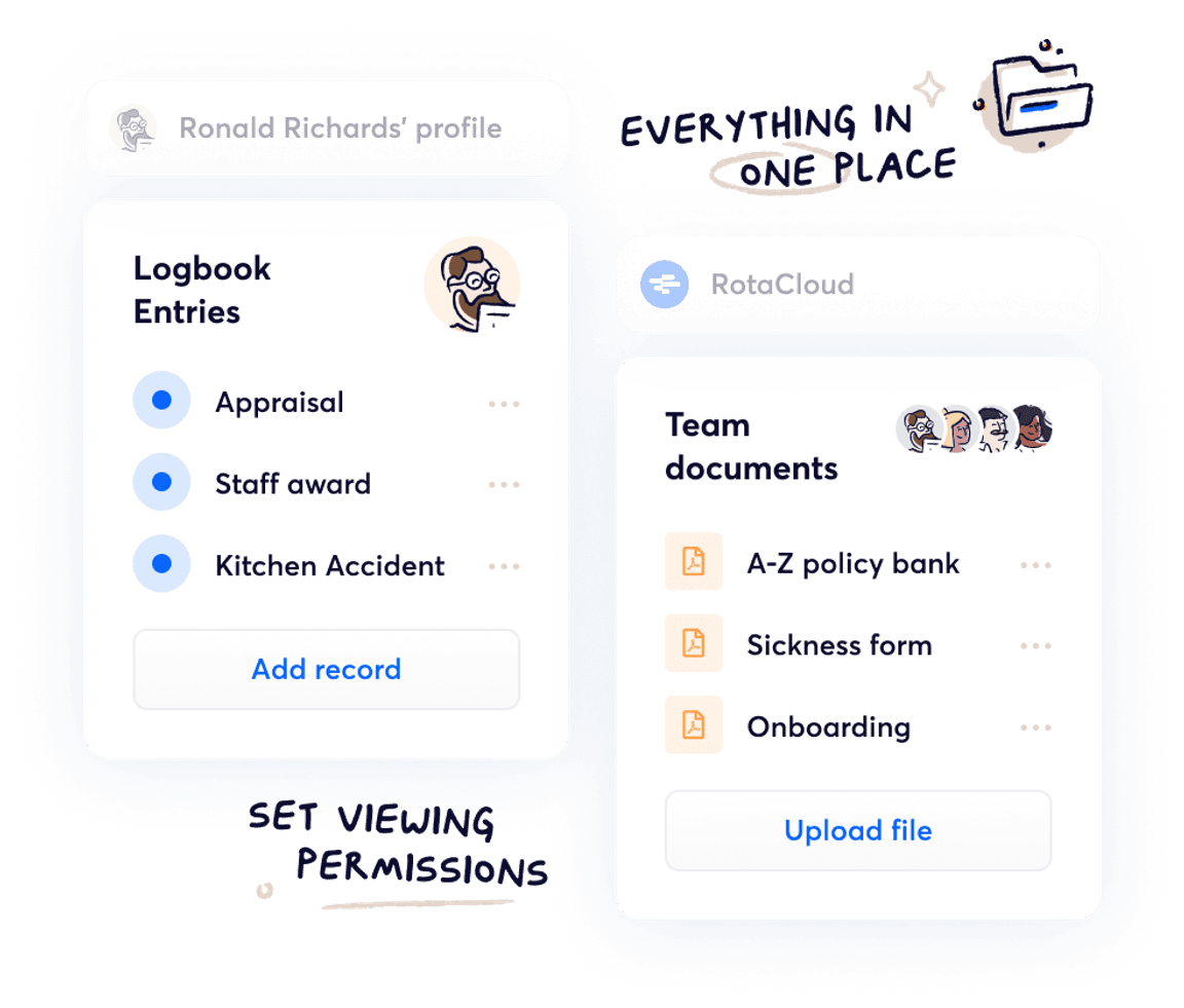 Logbook entry and team documents list in RotaCloud.