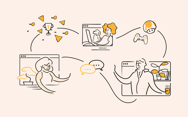 Cartoon image of employees in web call windows chatting