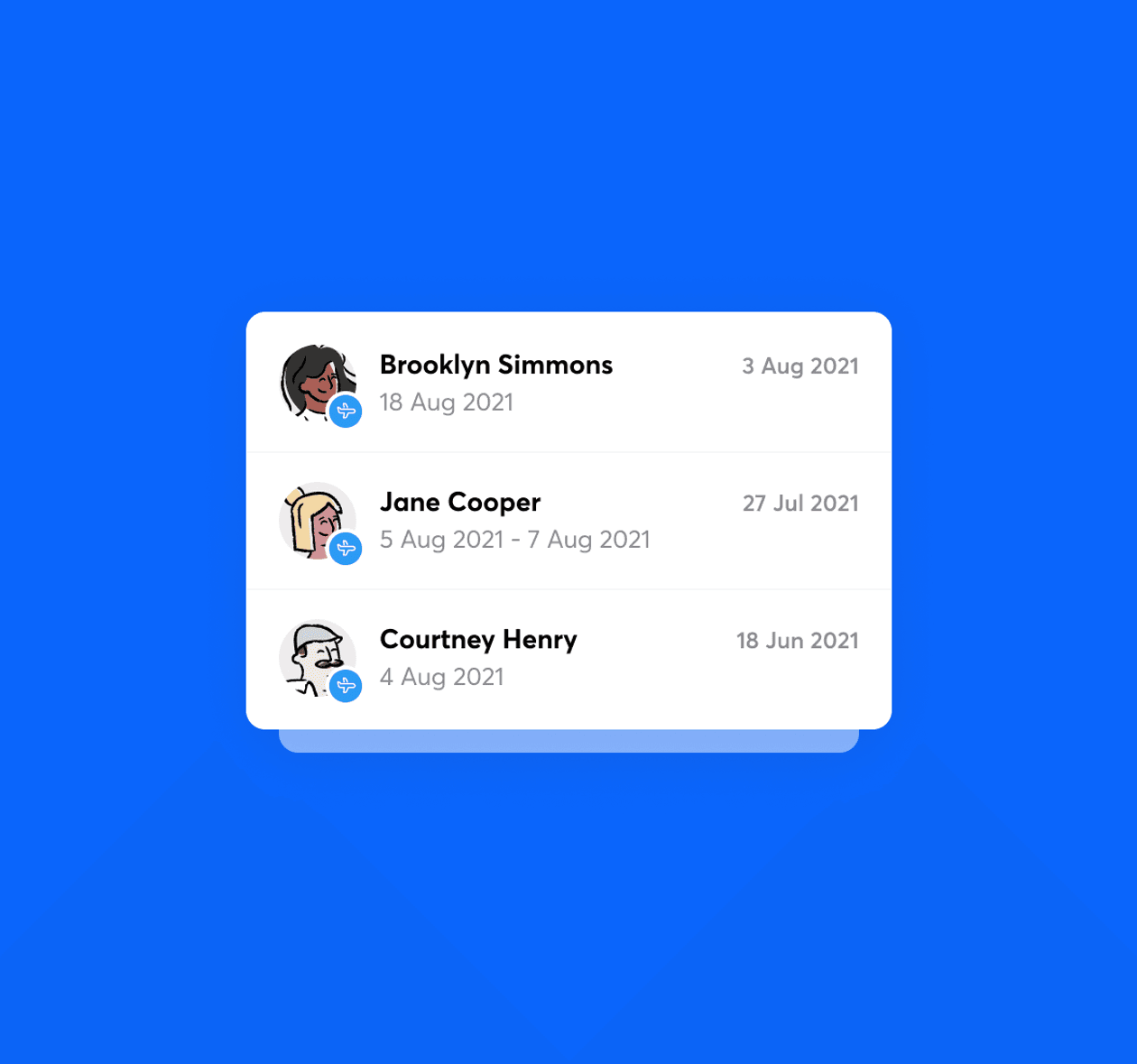 Three simplified employee leave records, displaying their name, the date of the annual leave, and the date the request was made.