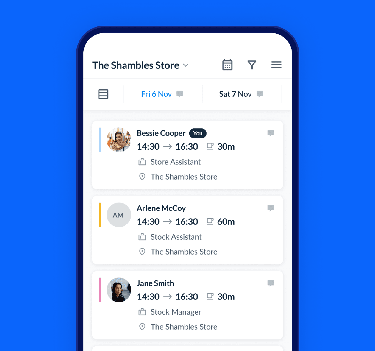 The RotaCloud mobile app on a smartphone, showing the shifts for a shop manager and their staff.