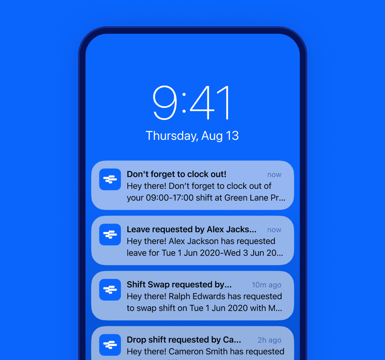 Push notifications in RotaCloud for clockin in reminders, leave requests, shift swaps and drop shifts.