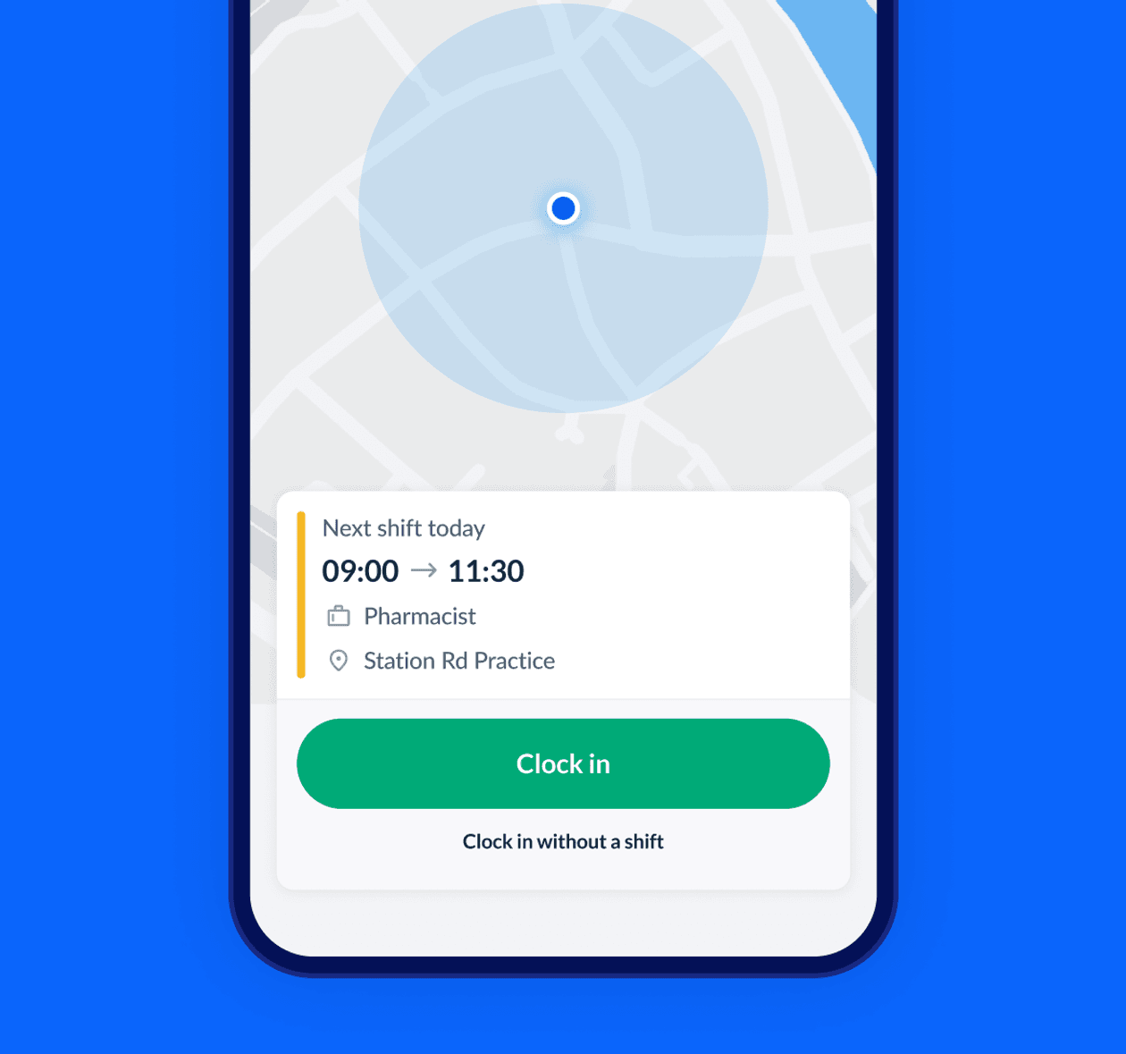 A street map on smartphone with location dot, shift details, a green clock in button and a smaller Click in with a shift option.