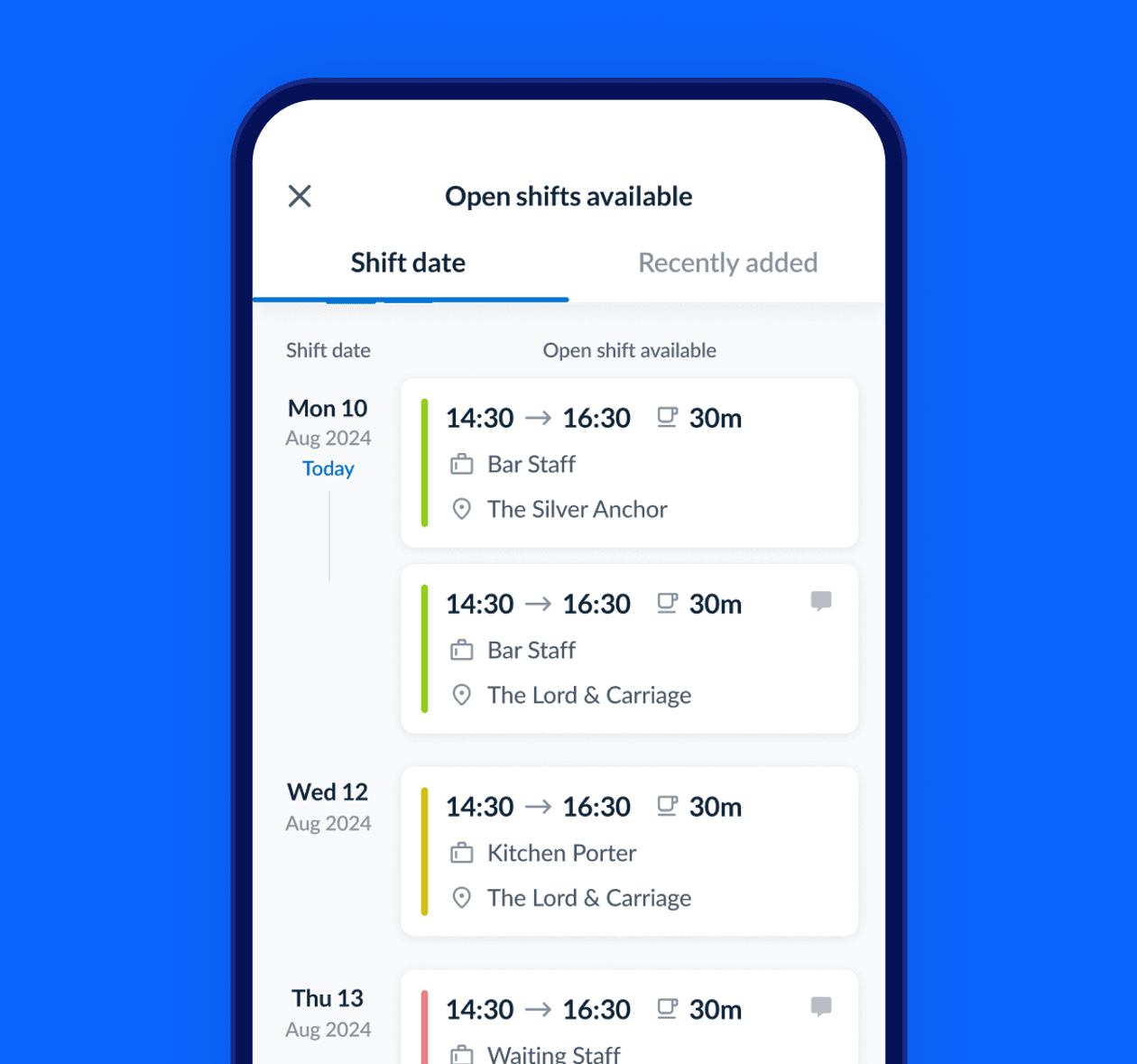 A list of open shifts available in the RotaCloud mobile app, including several bar staff and kitchen porter shifts, including shift times, break times, and location.