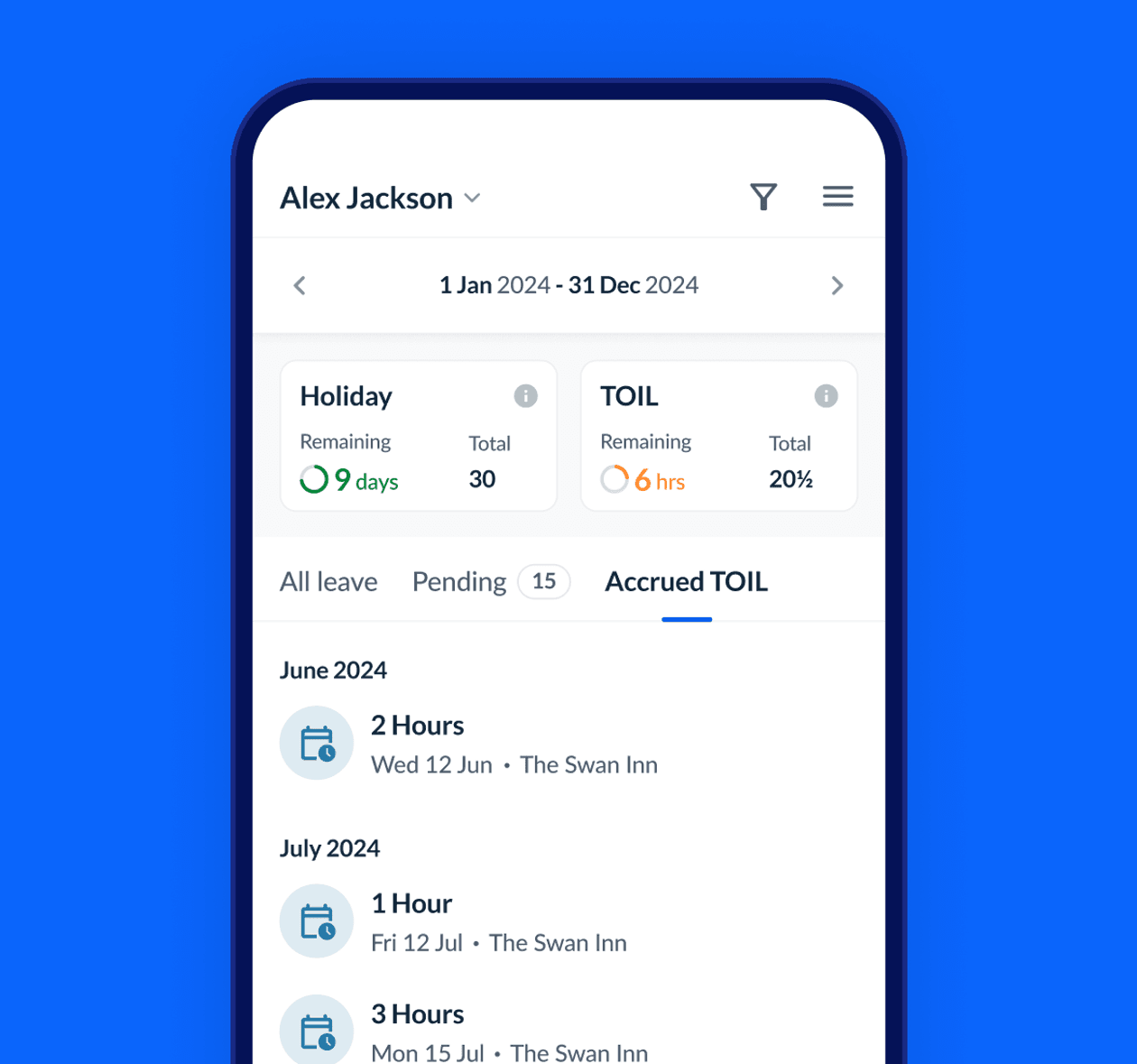 A smartphone screenshot showing an employee's holiday and time off in lieu allowances for the leave year, including details of TOIL accrual.