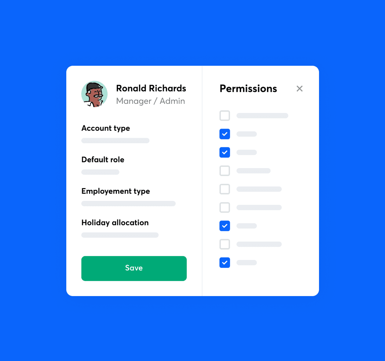 Manager profile in RotaCloud with check boxes for a variety of user permissions along with a Save button.