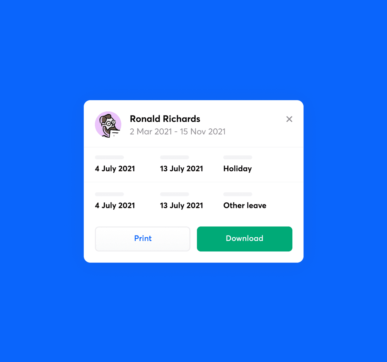 A stylised snippet of a RotaCloud leave report, showing an employee's leave, including holiday and other leave. Download and Print buttons display at the end of the snippet.