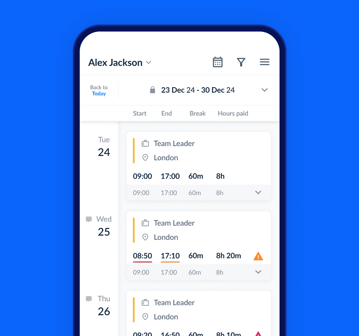 An employee timesheet in the RotaCloud app with discrepancies (including lateness) highlighted with an orange warning icon.